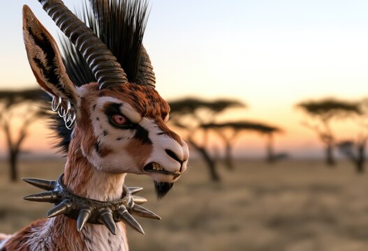 Portrait d'une gazelle dans la savane africaine en col&egrave;re, le visage grima&ccedil;ant, portant des boucles d'oreilles et un collier en cuir avec des pointes en m&eacute;talliques, image avec espace pour texte.
