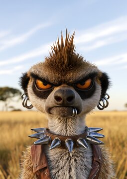 Portrait d'un suricate intimidant dans la savane africaine arborant une cr&ecirc;te iroquoise, des boucles d'oreilles et un collier en cuir avec pointes en m&eacute;tal, image avec espace pour texte.