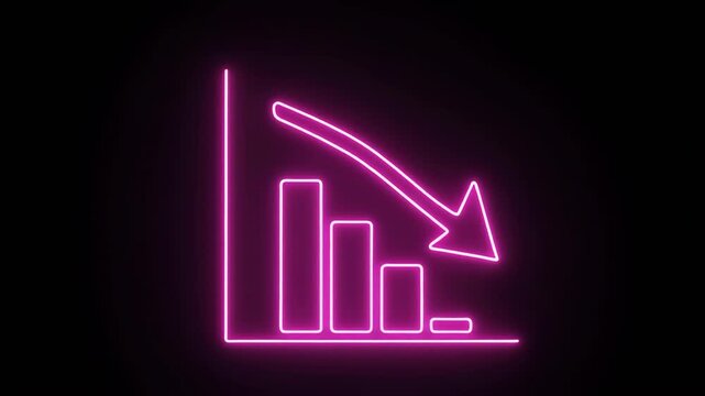 Neon bar graph showing financial decline with downward arrow in dark environment