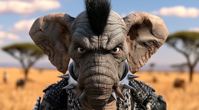 Portrait d'un &eacute;l&eacute;phant au regard intimidant, style punk rebelle, dans la savane africaine arborant une cr&ecirc;te iroquoise et un collier en cuir avec pointes en m&eacute;tal, vue de face.