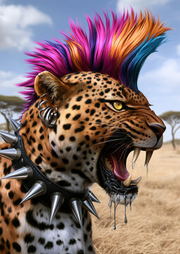Portrait en gros plan d'un l&eacute;opard au style punk agressif avec une cr&ecirc;te iroquoise multicolore, des boucles d'oreilles et un collier en cuir avec pointes m&eacute;talliques, vue de profil.