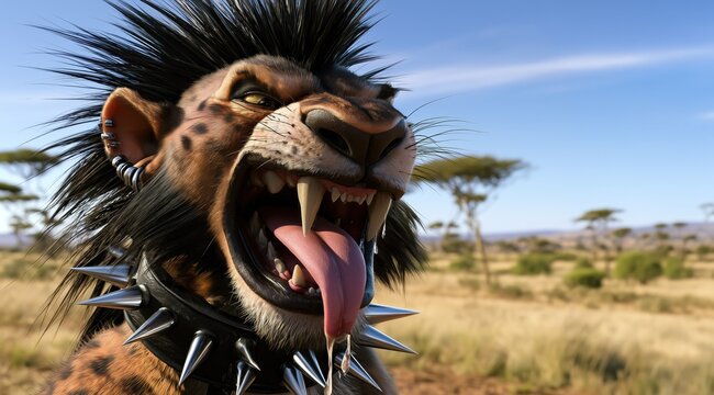 Un lion de style animation avec une esth&eacute;tique punk rebelle, tirant la langue, vue en gros plan avec une crini&egrave;re noire, une expression col&eacute;rique, image avec espace pour texte.
