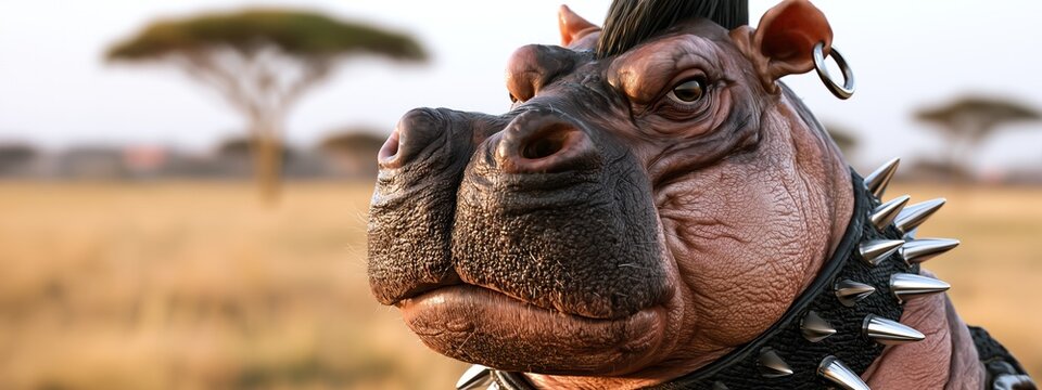 Un hippopotame dans la savane africaine dans un style punk rebelle avec cr&ecirc;te, bijoux et accessoires, repr&eacute;sent&eacute; en gros plan, vue de profil et panoramique, image avec espace pour texte.