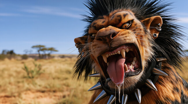 Un lion m&acirc;le de style animation avec une esth&eacute;tique punk rebelle repr&eacute;sent&eacute; en gros plan avec une crini&egrave;re noire h&eacute;riss&eacute;e, une expression col&eacute;rique, des piercings aux oreilles et un collier en cuir.