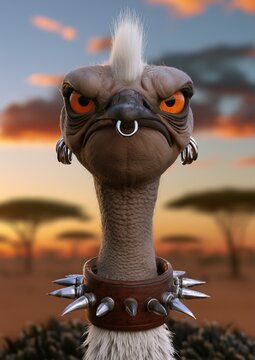 Portrait d'une autruche dans la savane africaine arborant une cr&ecirc;te iroquoise, expression s&eacute;rieuse, un anneau sur le bec, des boucles d'oreilles et un collier en cuir avec pointes en m&eacute;tal.