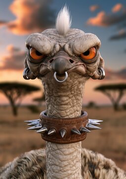 Portrait d'un vautour dans la savane africaine arborant une cr&ecirc;te iroquoise, expression s&eacute;rieuse, un anneau sur le bec, des boucles d'oreilles et un collier en cuir avec pointes en m&eacute;tal.