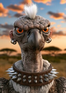 Portrait d'un vautour intimidant dans la savane africaine arborant une cr&ecirc;te iroquoise, expression s&eacute;rieuse, des boucles d'oreilles et un collier en cuir avec pointes en m&eacute;tal.