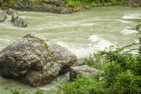 Moss-covered boulder beside the river in Mitake Gorge, Ome, Tokyo