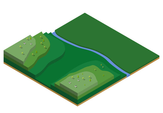Isometric countryside landscape with river and cows grazing