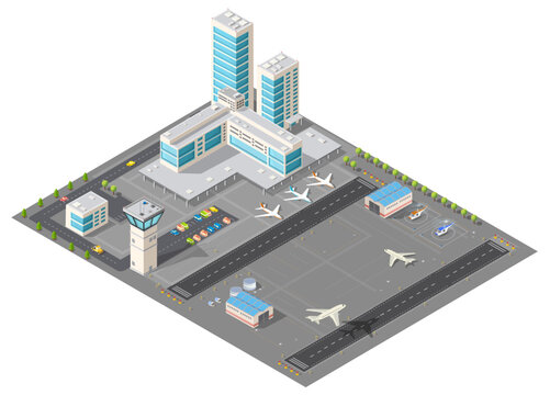 Airport isometric illustration showing terminal and airplanes