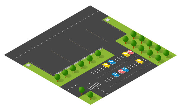 Isometric parking lot with cars and trees