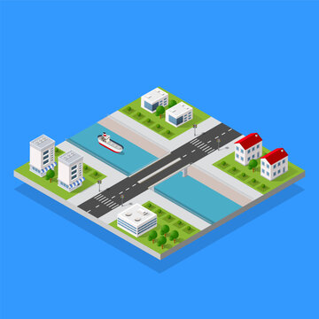 Isometric city block with buildings, river, and ship