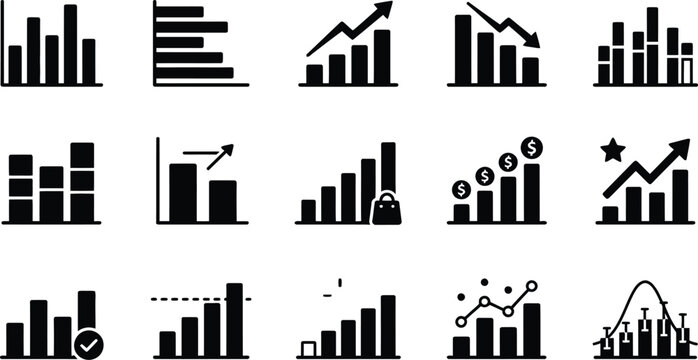 Collection of black and white graph icons representing data analysis and business growth