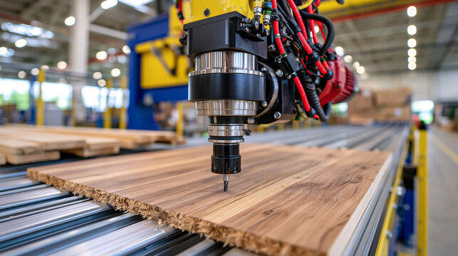 Detailed side view of automated CNC cutting equipment shaping hardwood furniture parts, precision spindle carving complex edges into timber boards, conveyor system transporting components between ma