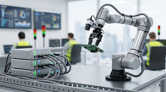 Industrial robotic arm operates a green electronic circuit board on a clean metal table inside advanced manufacturing facility with blurred engineers working.