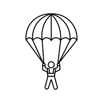 Line art illustration of a skydiver with an open parachute on a white background. Editable stroke