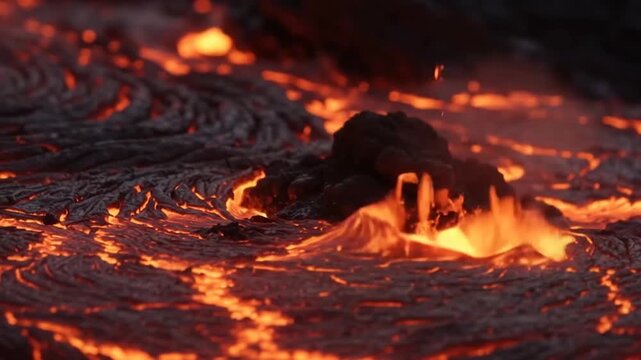 Flowing molten lava with glowing cracks and fiery heat during an active volcanic eruption