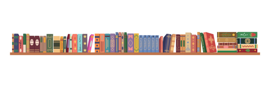 Long horizontal bookshelf filled with colorful books, isolated on a white background.