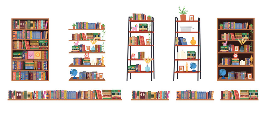 Set of different bookshelves and bookcases filled with colorful books for library and interior design.