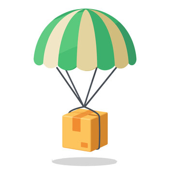 Cardboard Package Box Hanging on Green Parachute Vector Illustration for Airdrop Delivery and Express Shipping Service