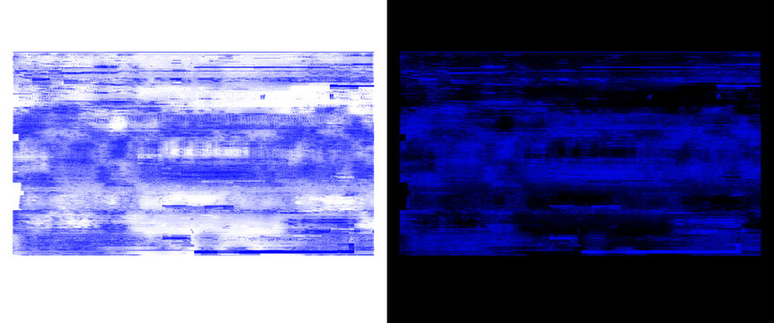 Abstract blue glitch texture background, digital distortion noise pattern, vibrant cobalt ink wash effect on white and black backdrops