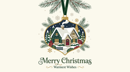 Vintage christmas ornament featuring a snowy winter village house with pine trees and warmest wishes text © Saharia