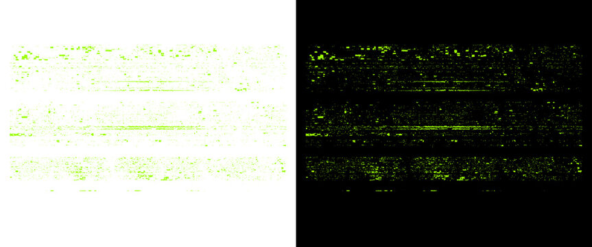 Glitch texture effect with green digital noise, distorted signal lines on black and white backgrounds, abstract electronic interference pattern