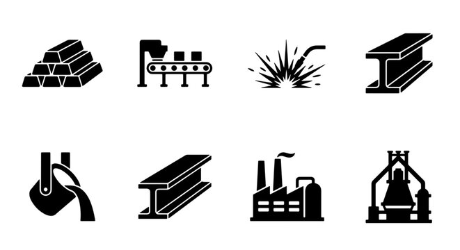Metallurgy industrial icon set, black steel manufacturing and metalworking symbols, heavy industry factory vector graphics for engineering