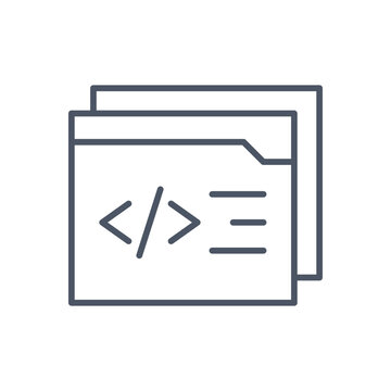 Minimalist coding icon vector, software development folder with programming script symbols, clean line art web application source code illustration
