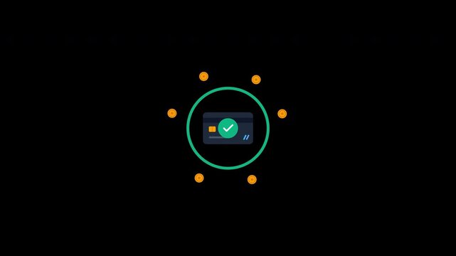 Animated credit card payment process icons on 4k transparent background alpha channel