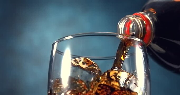 Cola pouring into glass with ice cubes in slow motion on blue background