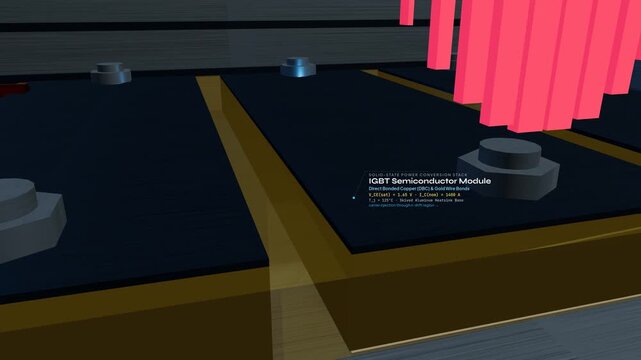 3D animation explaining grid scale inverter technology from photovoltaic array influx and IGBT modules to residential grid distribution for renewable solar energy