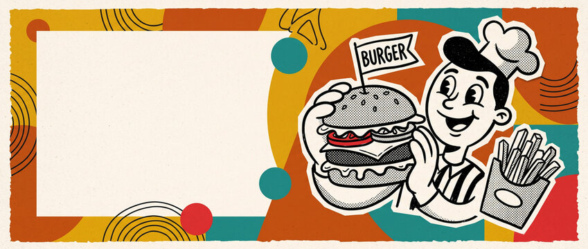 Happy cartoon chef holding a burger with a flag and french fries in a retro style graphic with geometric shapes and copyspace for text, restaurant food banner social media cover header design