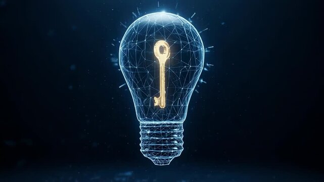 Illuminated lightbulb morphs into a glowing key against a dark digital background with particles