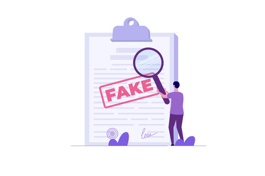 Fake document verification concept with businessman analyzing a fake certificate using magnifying glass, fraud, invalid information, fake contract and data verification, vector illustration