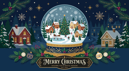 Christmas snow globe illustration on dark blue background with festive village, pine trees, snowflakes, winter foliage, and merry christmas text banner © Saharia