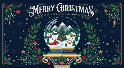 Merry christmas winter wonderland vector illustration with snow globe, snowy village, mountains, ornate frame, holly branches, and festive decorations on dark blue background © Saharia