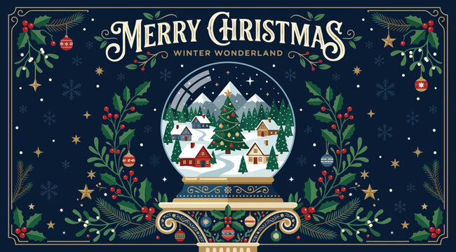 Merry christmas winter wonderland vector illustration with snow globe, snowy village, mountains, ornate frame, holly branches, and festive decorations on dark blue background