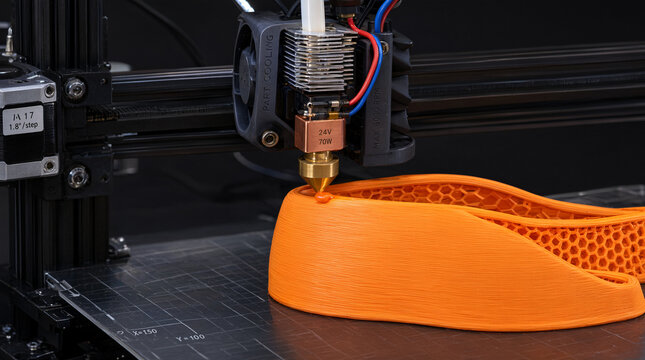 Close-up of a 3D printer creating an object layer by layer, additive manufacturing