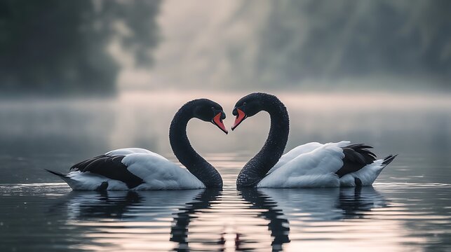 Close-up of two black swans facing each other on a calm lake with misty background