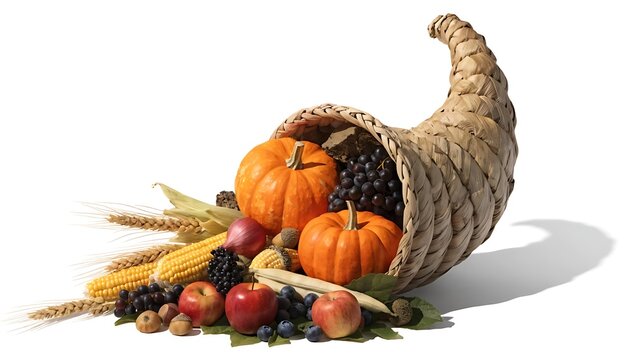 Thanksgiving cornucopia with pumpkins, grapes and autumn harvest fruits and vegetables cut out White background with shadow. AI GENERATED.