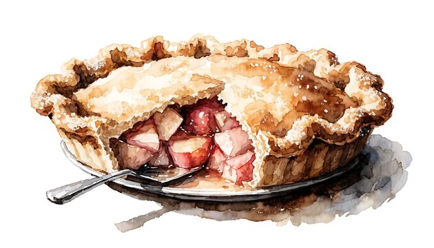 Tasty homemade apple pie hand drawn watercolor illustration with flaky crust and apple filling cut out White background with shadow. AI GENERATED.