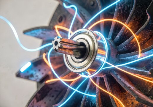 Close up of an industrial metal machine part with glowing lines