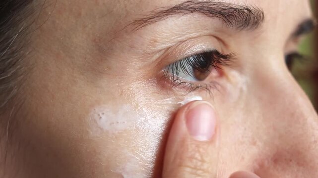 Middle aged woman applying eye cream with gentle massage. Close up of facial skincare around the eye area. Concept of anti aging care, hydration, beauty and daily self care. Real time footage.