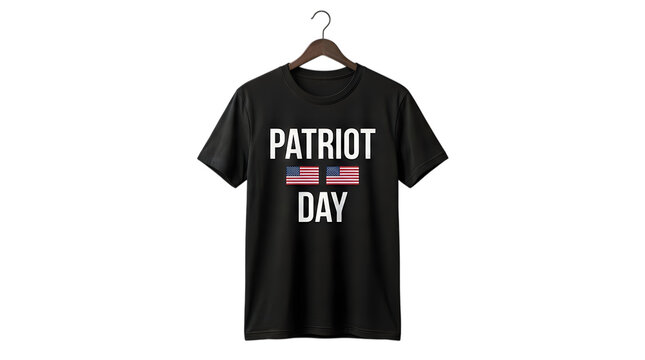 Black t-shirt with patriot day text and liberian flag graphic hanging on a wooden hanger