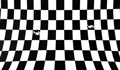 Obraz premium Black and white checkered flag pattern with distorted perspective and light squares in a studio setting with clean background