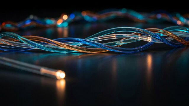 Abstract close up of tangled glowing blue and orange fiber optic light cables with glowing lights data transmission optic cable high speed technology background