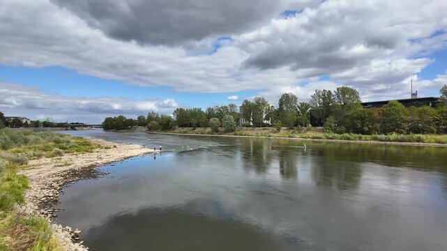low water level in Magdeburg on the Elbe River in 2026, time-lapse of landscape Saxony-Anhalt, Germany, sunny summer day outdoors