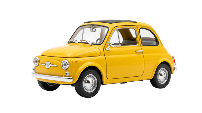 Classic yellow Fiat 500 car with a sunroof and chrome details, front three quarter view PNG Isolated on transparent background