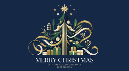 Obraz premium Merry christmas 2024 edition greeting card with a stylized christmas tree made of flowing gold ribbons and ornaments on a dark blue background